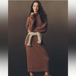 NWT $168 Anthropologie Long-Sleeve Turtleneck Belted Sweater Midi Dress Size M